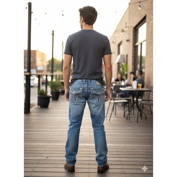 ROCK REVIVAL Rod Straight Jeans Men’s 36x34 Thick Stitch Whiskered Distressed - Picture 1 of 13